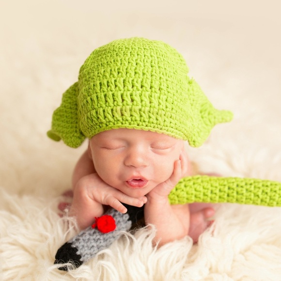 NWOT CUSTOM MADE Green Knit Baby Yoda Hat & Diaper Cover Infant Photos Costume - Picture 4 of 5
